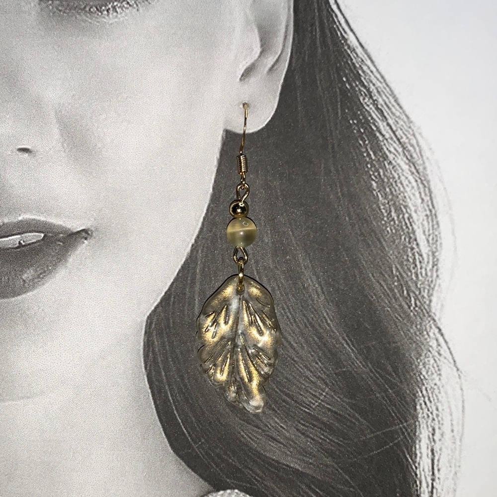 Handcrafted 💛 Czech Glass Leaf Dangling Earrings with Yellow Cats Eye Bead
